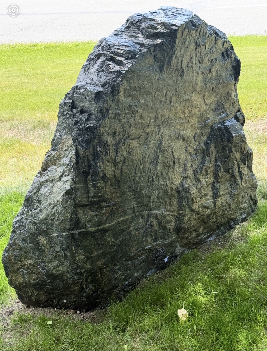 Large decorative boulder placed as a landscaping feature on a residential lawn