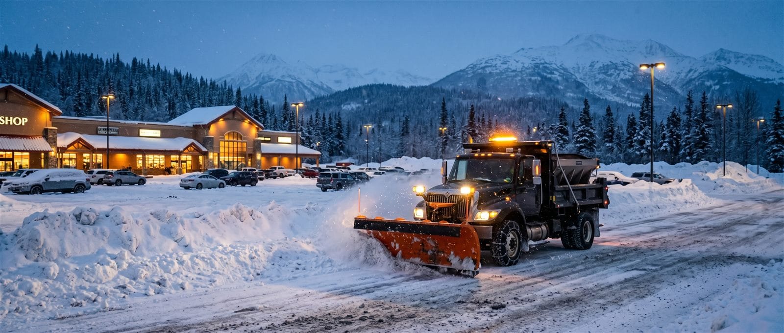 Plow truck with orange blade clearing snow from a commercial parking lot at winter dusk